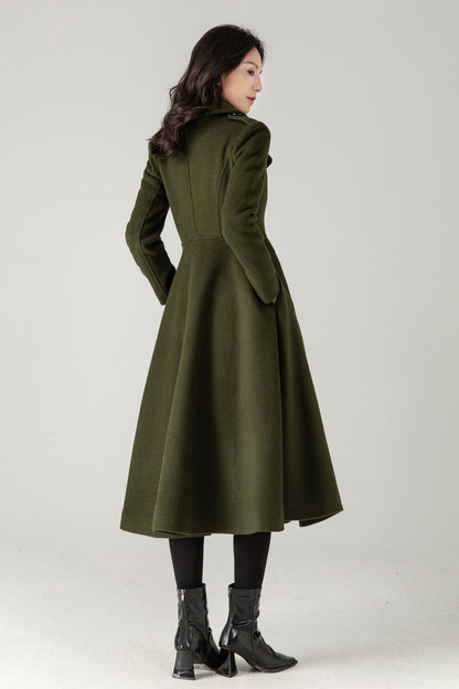 Vintage Inspired Long Princess Coat in Army Green C5342
