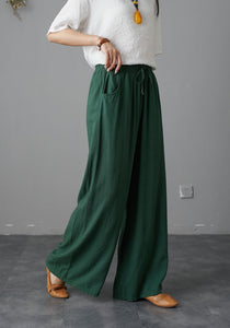 Green Elastic Waist Drawstring Wide Palazzo Linen Pants C1988,Size L #CK2200800
