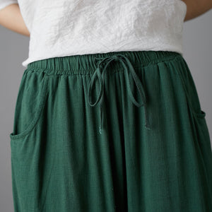 Green Elastic Waist Drawstring Wide Palazzo Linen Pants C1988,Size L #CK2200800