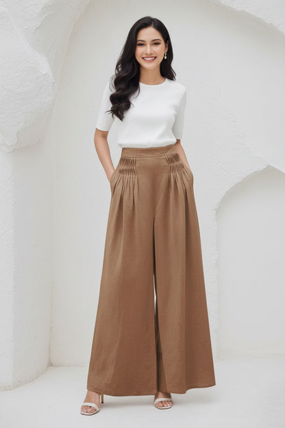 Brown Wide Leg Linen Palazzo Pant C5394