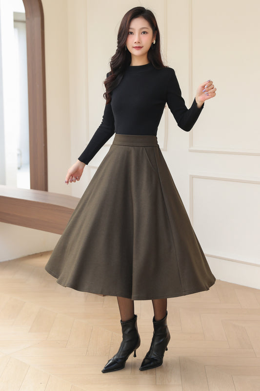 Elegant High-Waist A-Line Wool Skirt with Pockets C5186