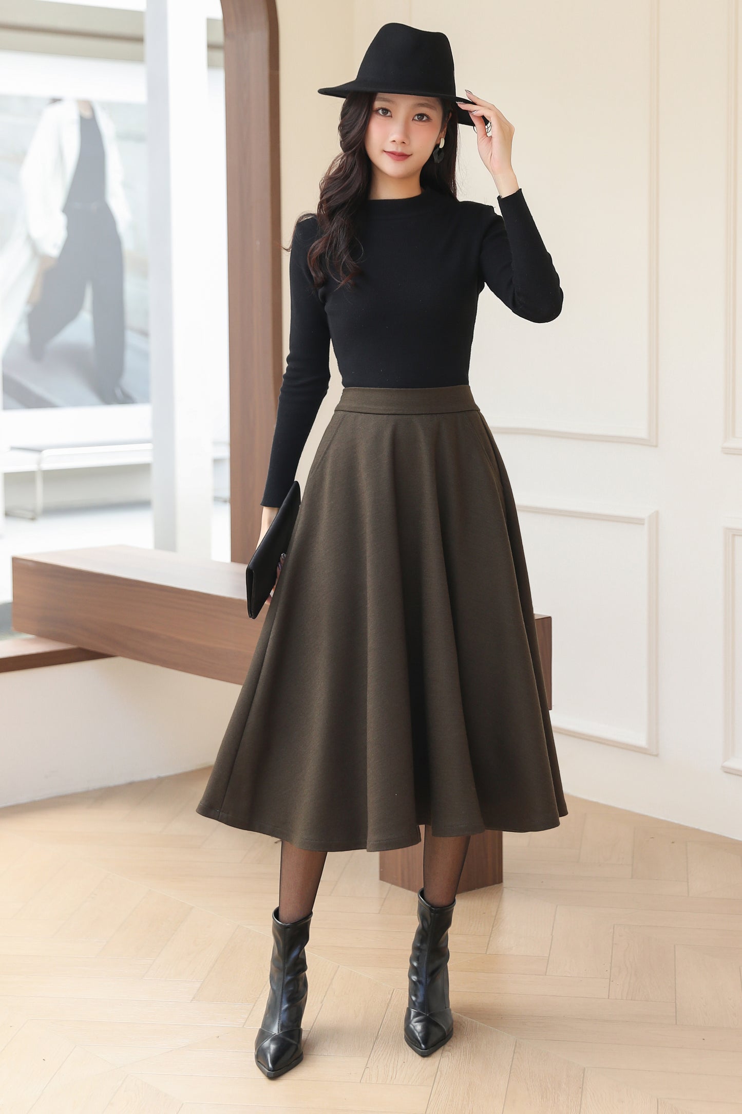 Elegant High-Waist A-Line Wool Skirt with Pockets C5186