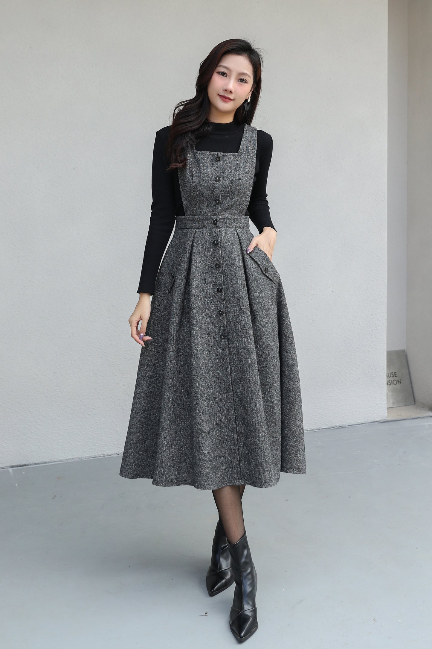 Gray Pinafore Midi Wool Dress C5187