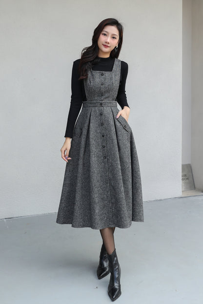 Gray Pinafore Midi Wool Dress C5187