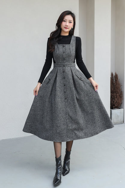 Gray Pinafore Midi Wool Dress C5187