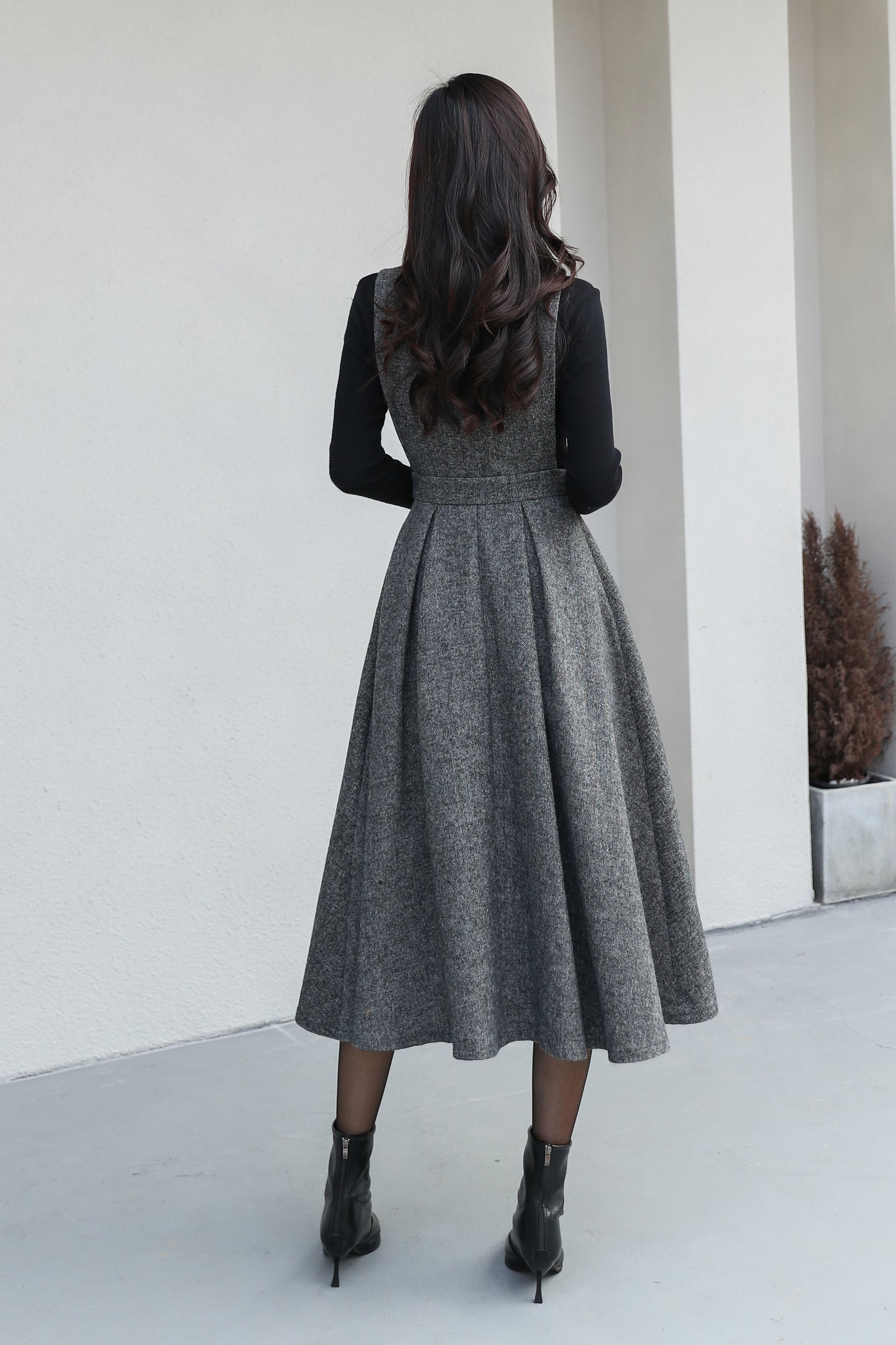 Gray Pinafore Midi Wool Dress C5187