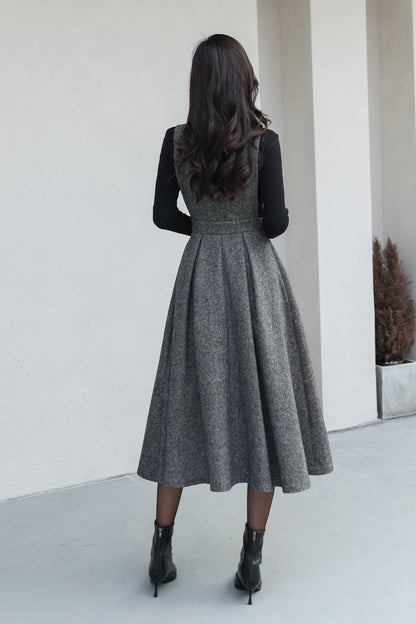 Gray Pinafore Midi Wool Dress C5187