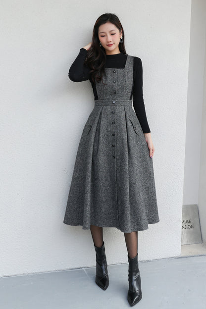 Gray Pinafore Midi Wool Dress C5187