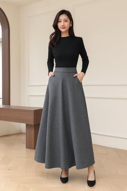 Dark Gray Long A-Line Wool Skirt C5191