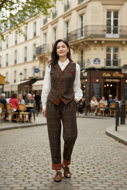 Brown Plaid Wool Suit Set, Wool vest and Wool pants C5248