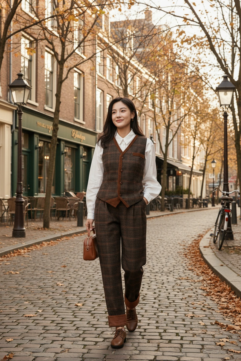 Brown Plaid Wool Suit Set, Wool vest and Wool pants C5248