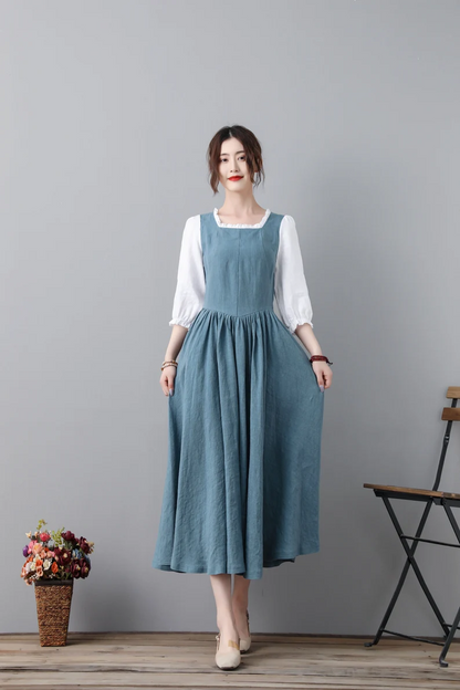 Handmade Pleated Swing Midi Linen Dress C2313