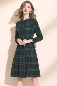 Green plaid winter wool dress women C3416