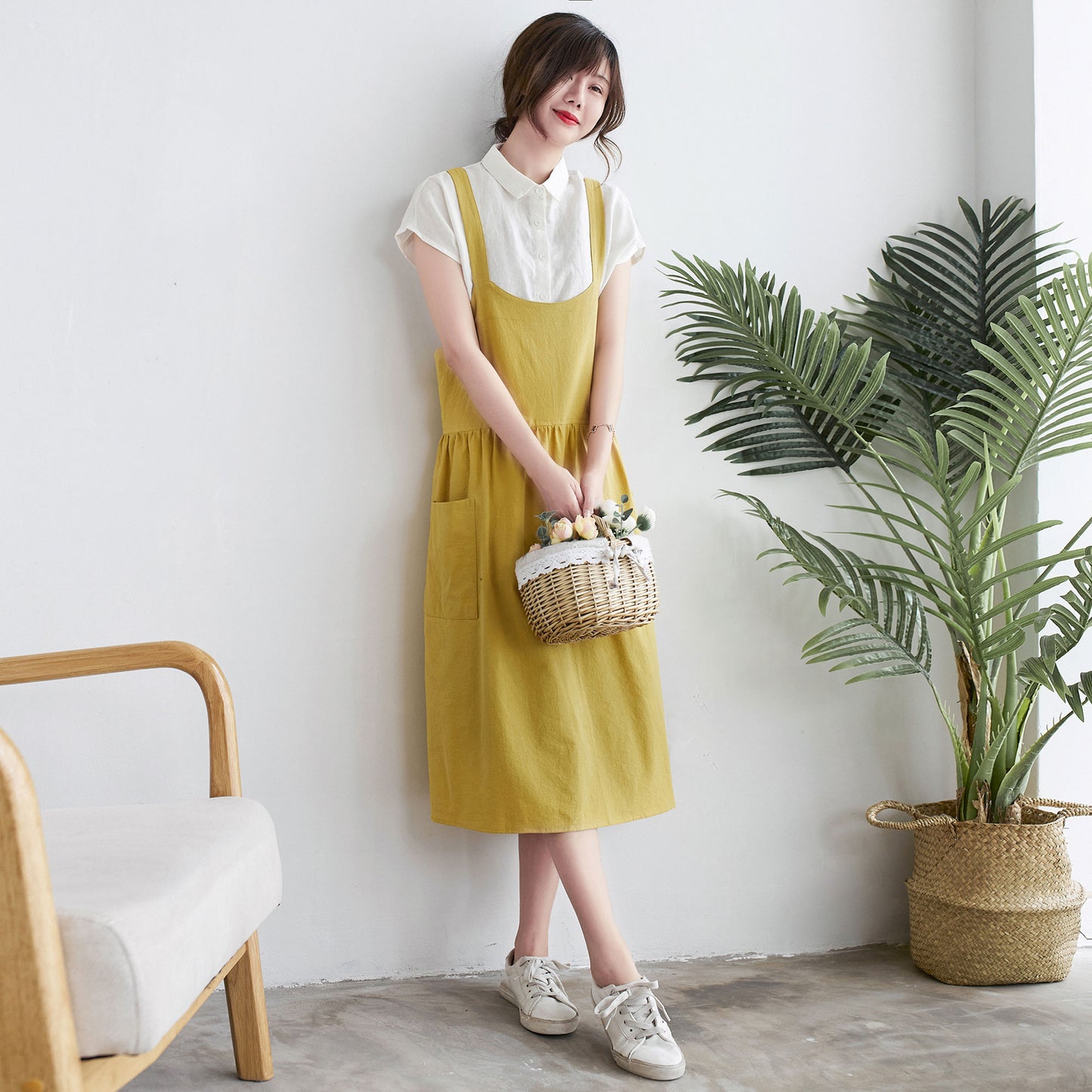 Yellow Linen Apron Dress Women C1917