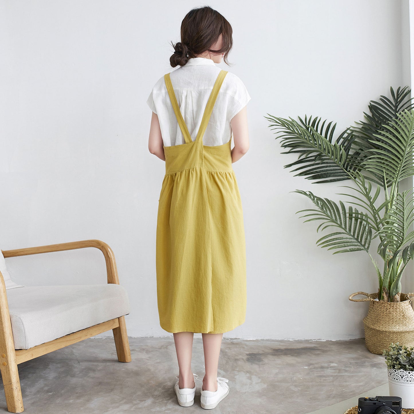 Yellow Linen Apron Dress Women C1917