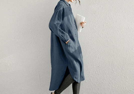 Linen Shirt Dress, Oversized blue Linen dress C1994