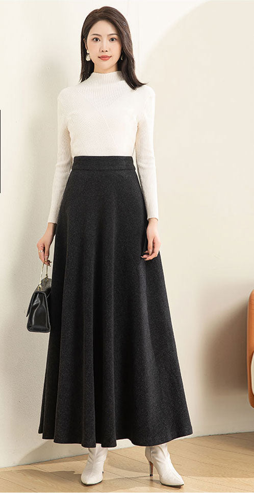 Dark Gray Long A-Line Wool Skirt C5191