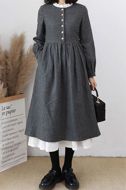 Grey pleated winter wool dress women C3647