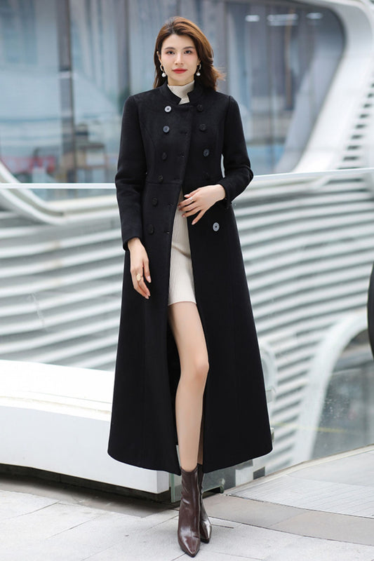 Long wool coat, Black wool coat, A line wool coat C3708