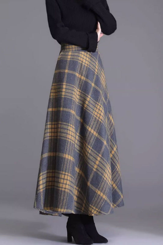 Womens winter A line plaid long wool skirt C3713