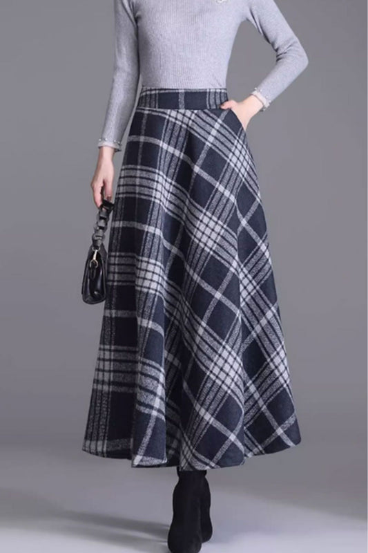 Winter A line plaid long wool skirt C3714