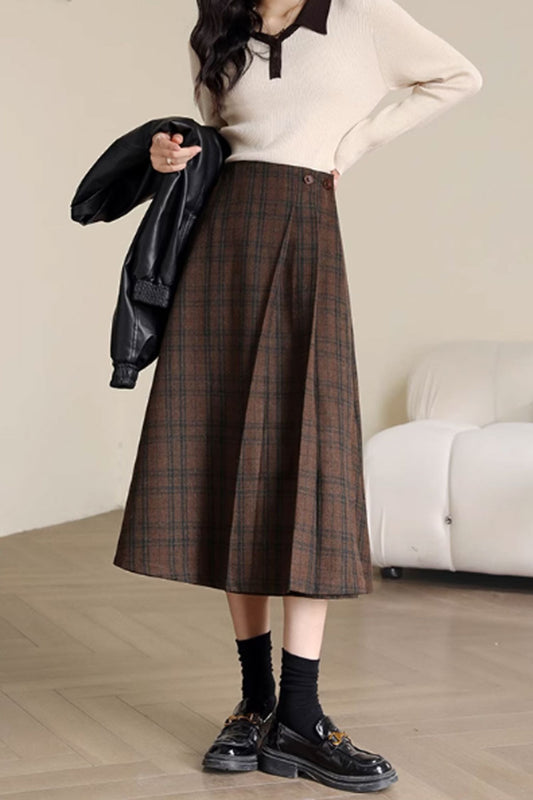 midi a line plaid winter wool skirt C3715