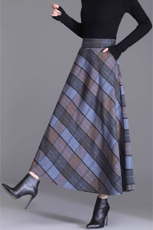 plaid a line long wool skirt for women C3717