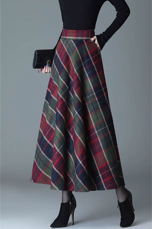 plaid a line long wool skirt for women C3718