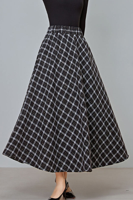 Plaid a line long wool skirt with elastic waist C3721