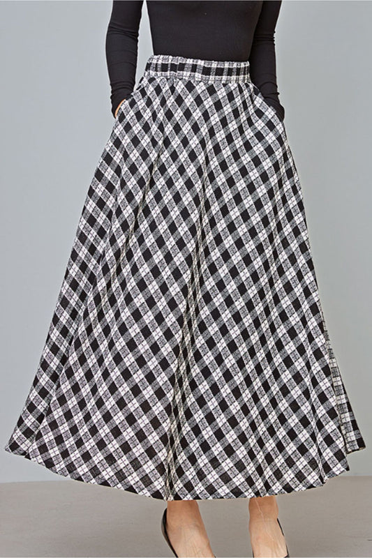 black and white plaid long wool skirt C3726