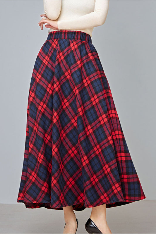 swing plaid long wool skirt with elastic waist C3728