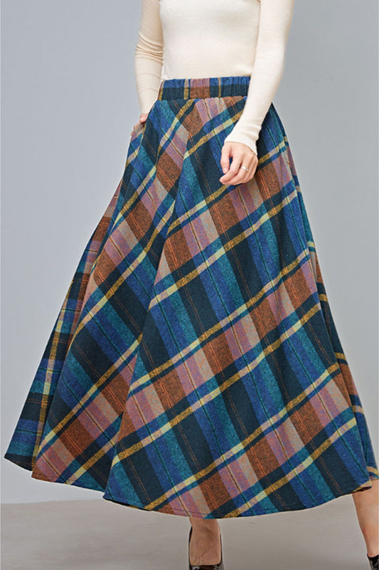 swing plaid long wool skirt C3727