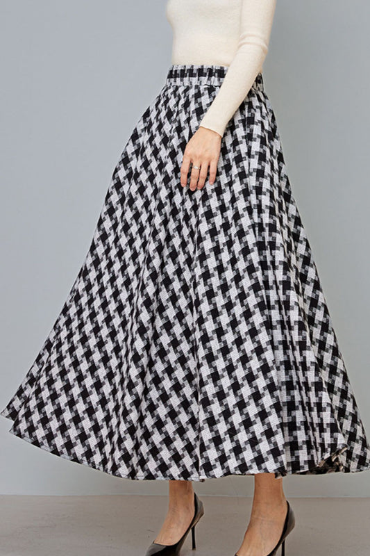 black and white plaid wool skirt women C3729