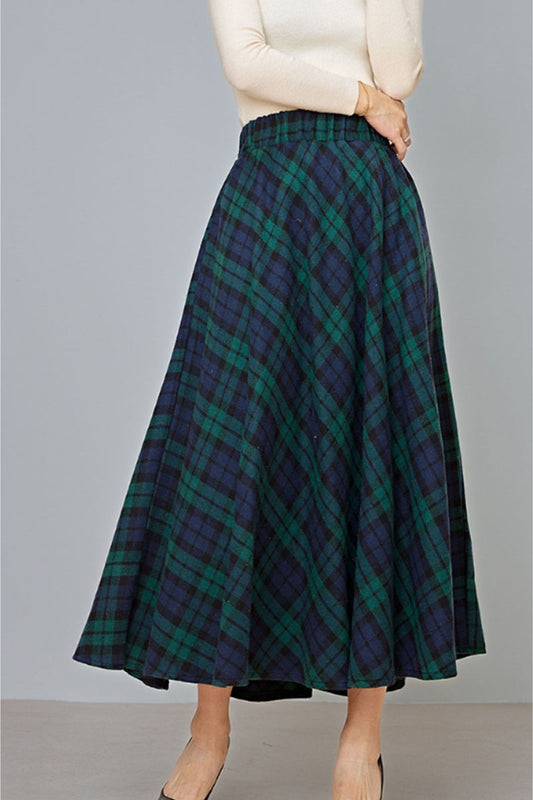 Plus size plaid long wool skirt with elastic waist C3730