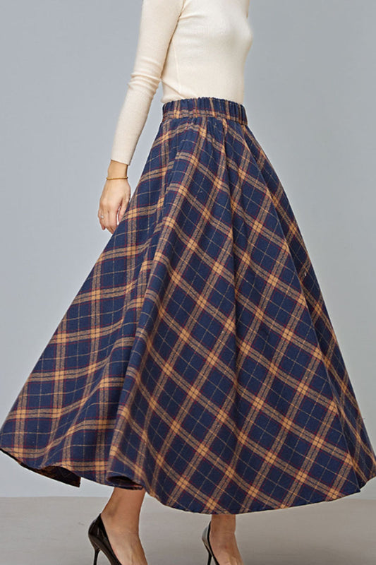 plaid long wool skirt with elastic waist C3731