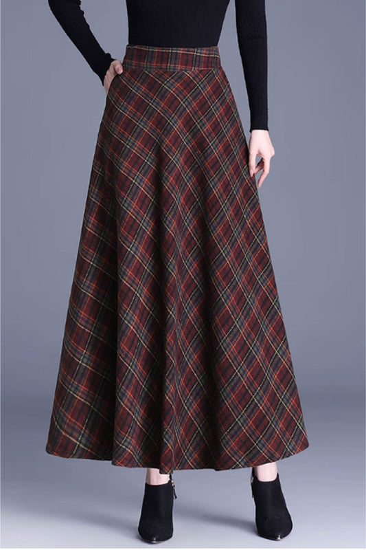 plaid long wool skirt women C3736