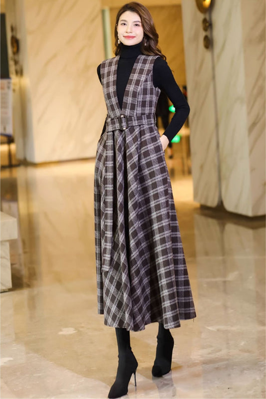 maxi plaid long wool pinafore dress C3737