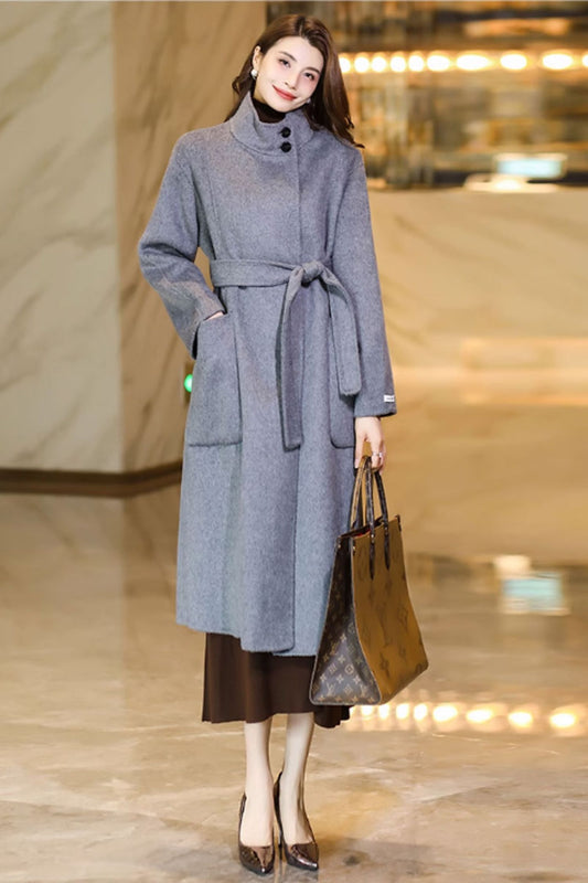 gray long wool coats with pockets C3738