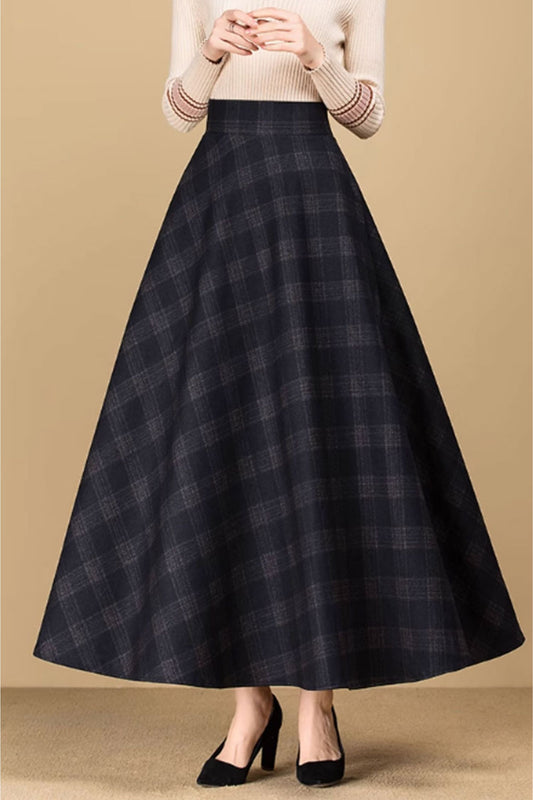 plaid winter wool skirt with pockets C3747