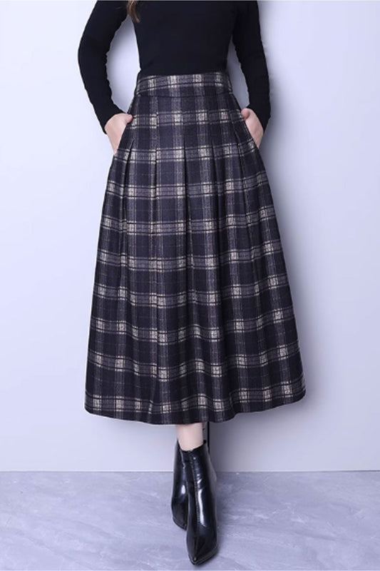 pleated winter long plaid wool skirt C3749