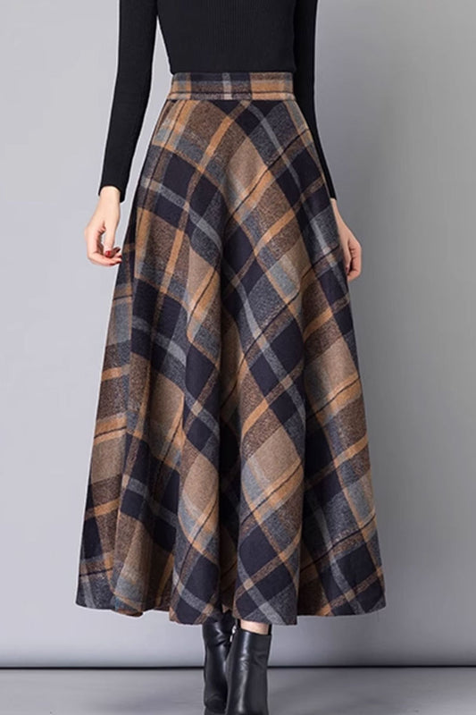 maxi plaid long wool skirt for women C3756