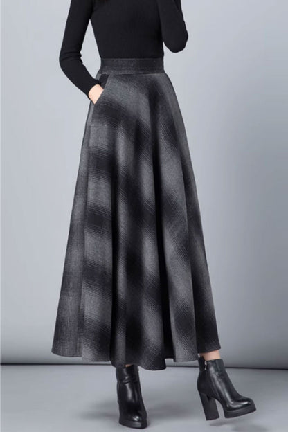 winter plaid long wool skirt with pockets C3761
