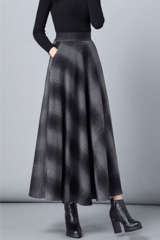 winter plaid long wool skirt with pockets C3761