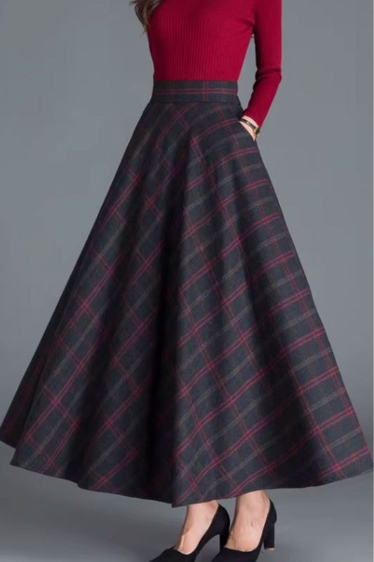 winter plaid long wool skirt with pockets C3762