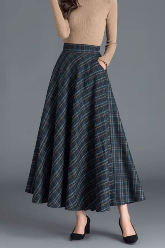 winter plaid long wool skirt with pockets C3763