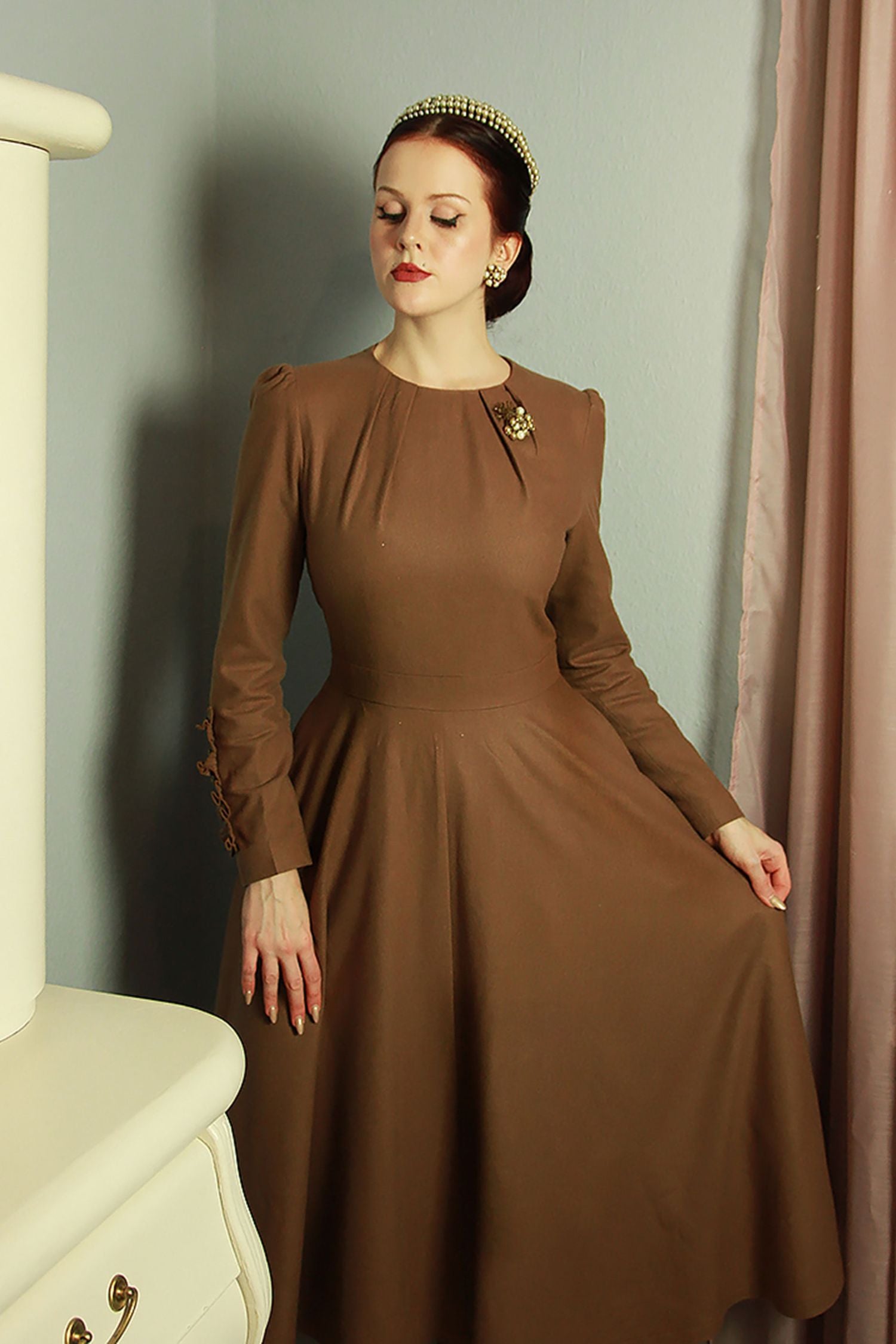 Brown Wool Fit and Flare Dress with Ruffle Sleeve Detail for Winter Brown / M