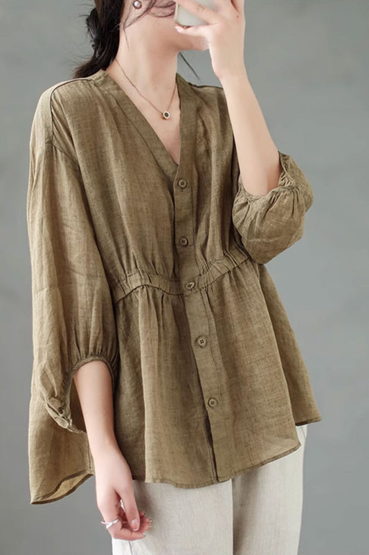 v neck loose fitting linen top women C3847