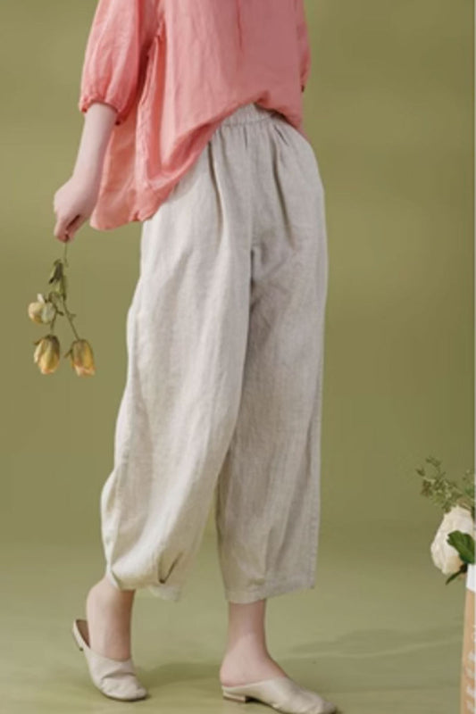 loose fitting linen pants with elastic waist  C3855