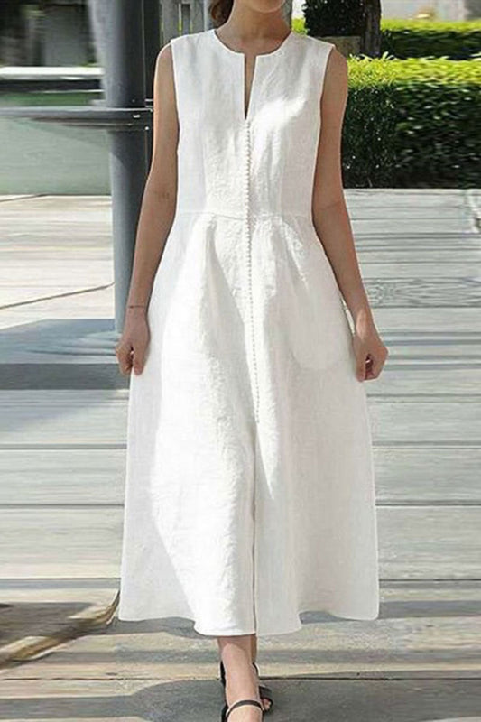 White Sleeveless Linen Dress women c3879