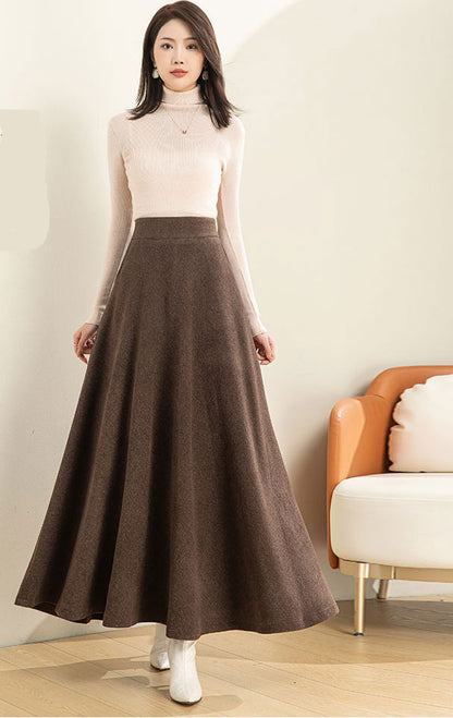 Dark Gray Long A-Line Wool Skirt C5191